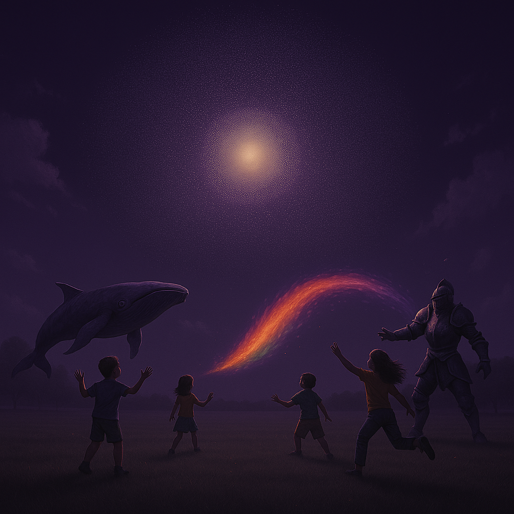 Children in a sunny field playing with lifelike VR projections of a whale, rainbow trail, and knight, with a Dyson swarm surrounding the sun in the sky.